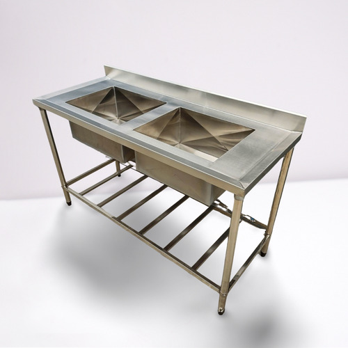 Pia Inox Industrial 120x60x90 C/ Prateleira Gradeada 2 Cubas