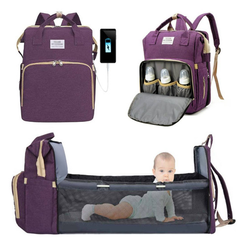 Bolsa Maternidade Mochila Vira Berço Porta Fralda Mamadeira Cor Roxo Desenho do tecido Liso