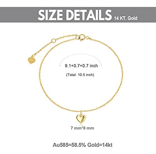 Sisgem Real 14k Gold Puff Heart Tobillera Para Mujer, Love T