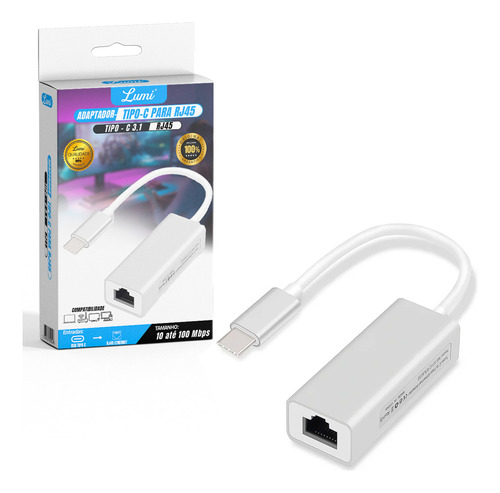 Cabo Adaptador Type-c Usb 3.1 Para Rede Ethernet Rj45 Lumi