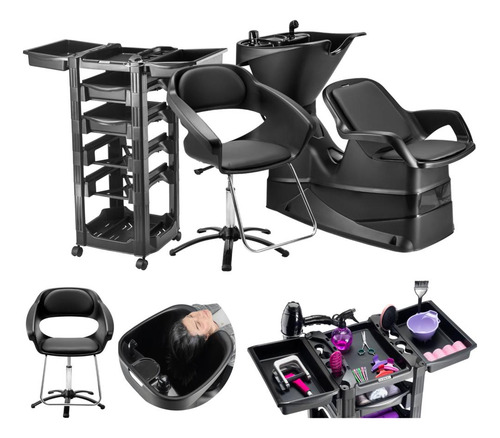 Kit Cadeira Salão + Lavatório Reclinável Dompel + Carrinho