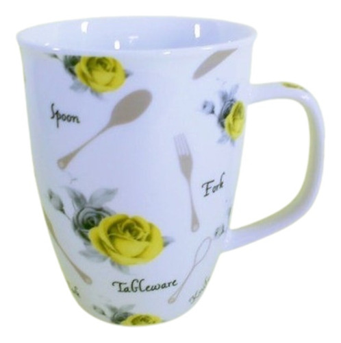 Caneca Rosas Amarelas E Talheres Em Porcelana Novo