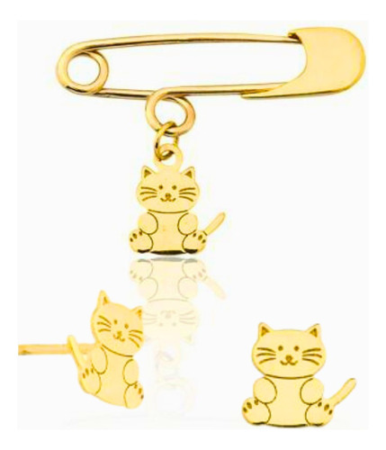 Kit Ouro 10k Maternidade Broche Alfinete Brinco Bebê Gatinho