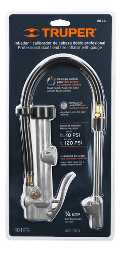 Inflador Calibrador Doble Cabeza Profesional Truper 1/4 Npt