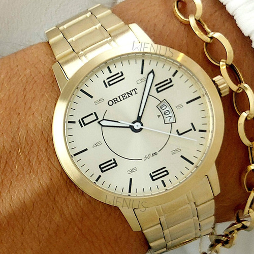 Relógio Orient Analógico Esporte Prova D'água Feminino Correia Dourado Bisel Dourado Fundo Branco Ii