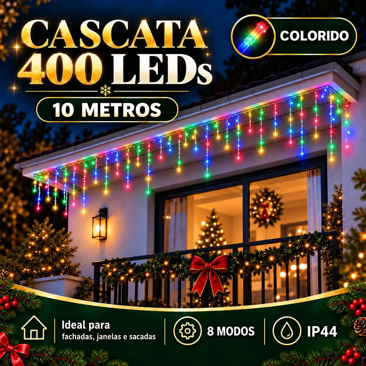 LN CASCATA-400L-10M-2026 Luzes De Natal - Colorida - Transparente 10 m