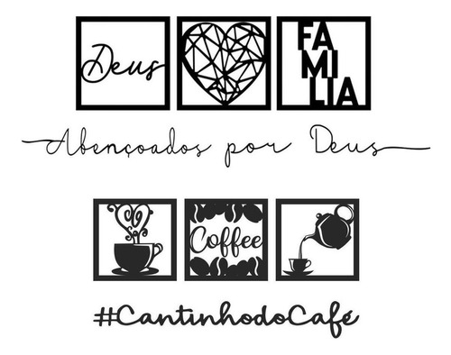 Kit 3 Quadros Abençoados Por Deus + Kit Cantinho Do Café Mdf Cor Preto Cor da armação Preto