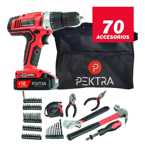 Taladro Inalambrico Pektra 18v + Bolso + 68 Accesorios Color Rojo Frecuencia 60 MHz