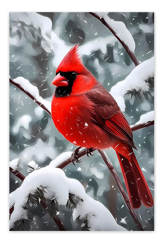 Pintura Diamante 5d Pájaro Rojo Nevado 30 X 40 Cm
