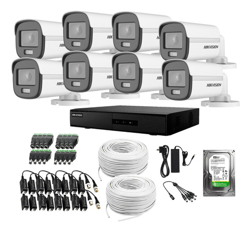 Kit Dvr 8 Camaras Hikvision Colorvu Color De Noche + Cables