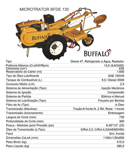 Microtrator Diesel Buffalo Bfde130 13hp 638cc + Rotativa Mr3