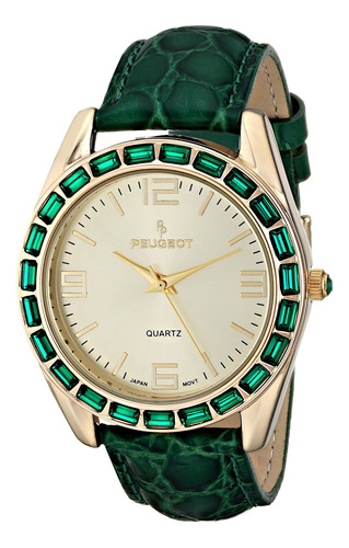 Reloj Mujer Peugeot 3038gr Cuarzo 40mm Pulso Verde En Cuero