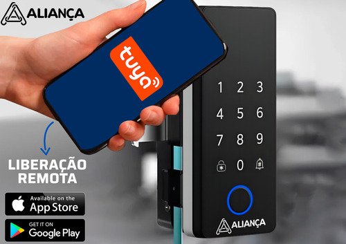 Fechadura Eletronica Digital De Sobrepor Touch Screen Com Biometria Para Vidro Senha Alarme De Segurança Tuya Wi-fi Iris Plus Aliança
