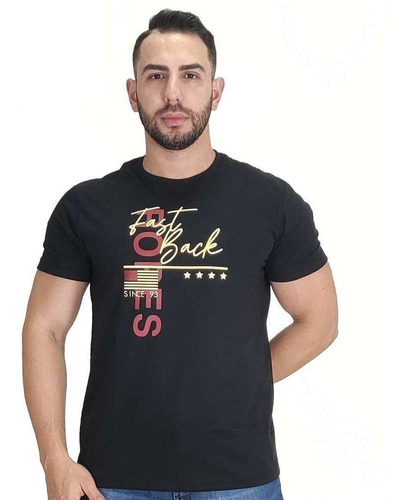 Camiseta Masculina Fast Back Preto Logo Estampada Silcada