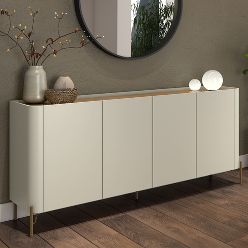 Balcão Buffet 180cm Porta Lisa 100% Mdf Com Pés Em Metal Cor Louro E Luna Com Dourado
