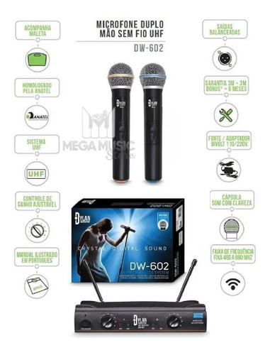 Microfone Sem Fio Profissional Uhf Dylan Dw-602 Duplo Mão