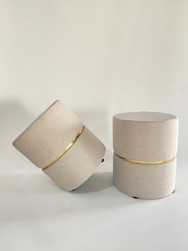 Kit 02 Puffs Linho Bege Egodecor Cinta Dourada
