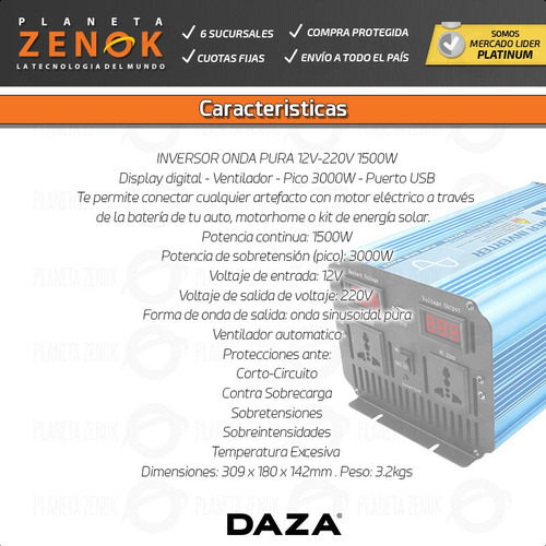 Imagen 8 de 10 de Inversor Onda Pura Corriente 1500w 12v 220v Usb Digital Sol