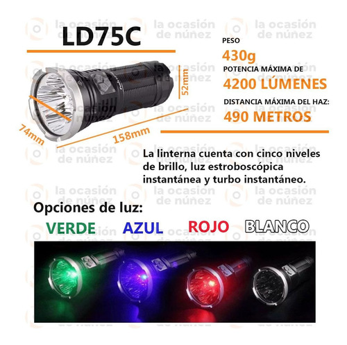 Imagen 2 de 8 de Linterna Fenix Led Ld75c 4200 Lumenes 490m 9 Modos