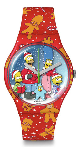 Reloj Swatch Wondrous Winter Wonderland Suoz361 Color De La Correa Rojo Color Del Bisel Rojo Color Del Fondo Azul