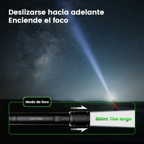 Philips Linterna Tactica Linternas Potentes Led Recargable Impermeable 300lm 5w Brillo Fuerte Alcance Luz Blancasúper Largo Esencial Para La Pesca Al Aire Libre Negro Aleación De Aluminio Sfl-2124