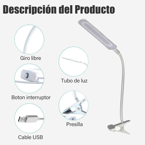 Imagen 4 de 8 de Lampara Led Usb Flexible Pinza Movil Escritorio P. De Mayo