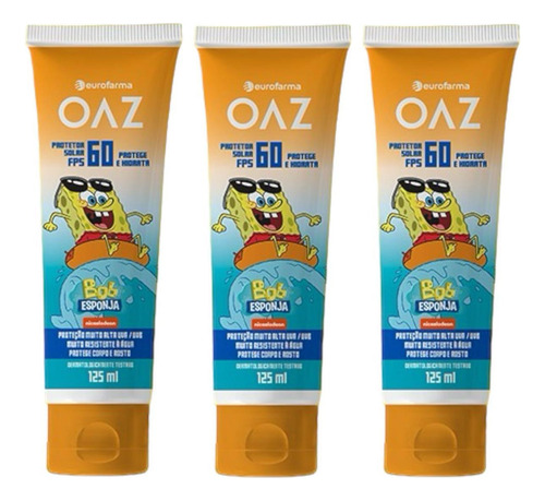 Kit 3 Un. Protetor Solar Fps 60 Creme Oaz Bob Esponja 125ml