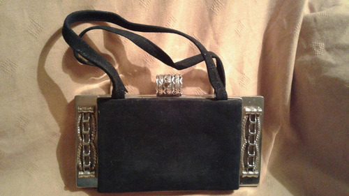 Cartera Antigua Terciopelo Negro Con Espejo