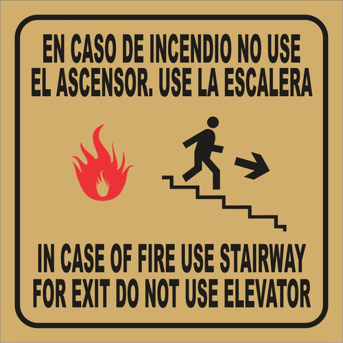 Cartel En Caso De Incendio No Use El Ascensor Dorado 10x10