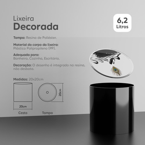 Lixeira Decorada Preta Com Pena De Pavão Preto