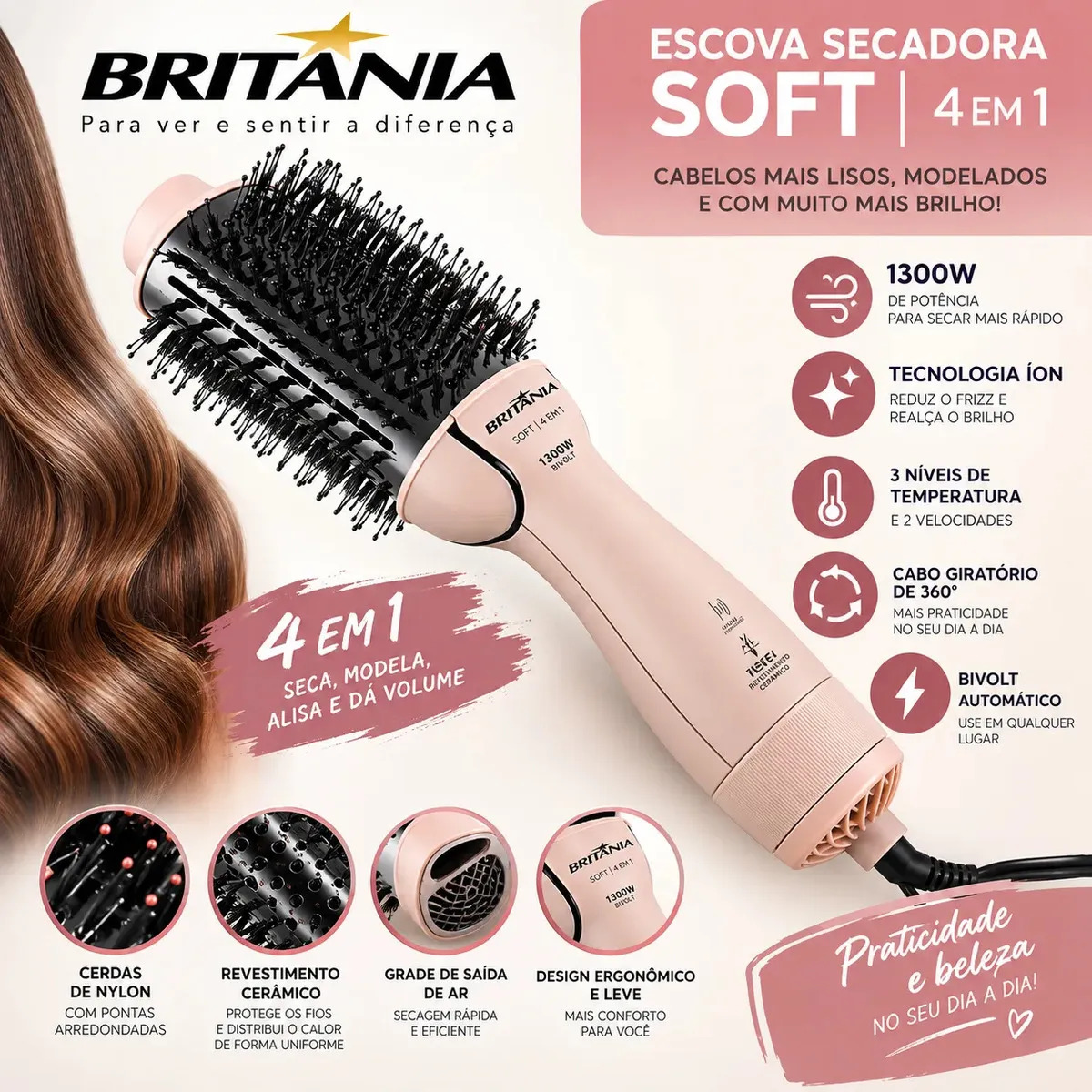 Escova Secadora de Cabelos Britânia Bec07r Soft 4 Em 1 1300w Cabo Rosa Bivolt