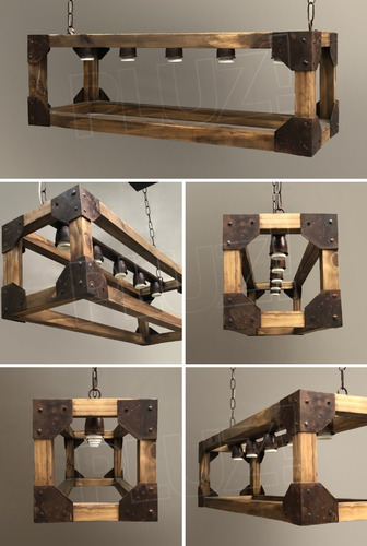 Imagen 3 de 8 de Colgante Industrial Nórdico 5 L Madera Chapa Remaches Óxido