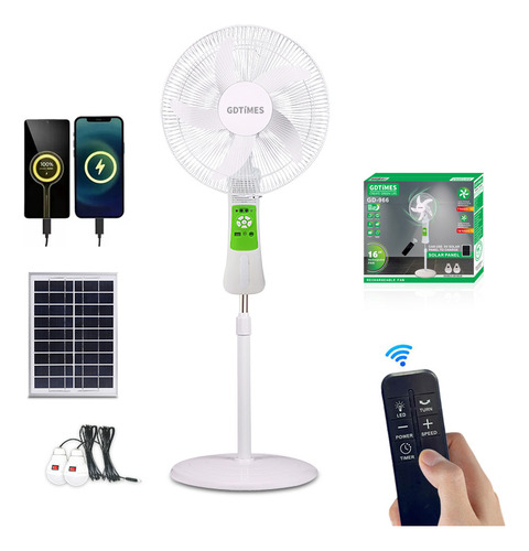 Ventilador Solar Silencioso Recargable Con Luz Led Y Control Remoto 9 Velocidades Ajustables, Giratorio, Temporizador -para Oficina Hogar Y Camping