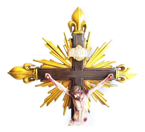 Imagem 2 de 5 de Crucifixo Pedestal Com Resplendor Pontas Flor De Liz 45cm