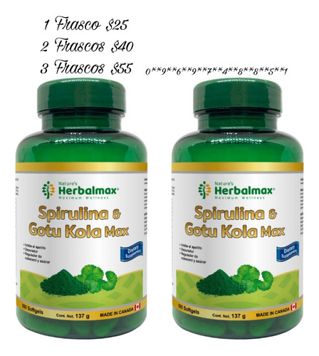 Espirulina + Gotu Kola Americano 2 Frascos Promocion 