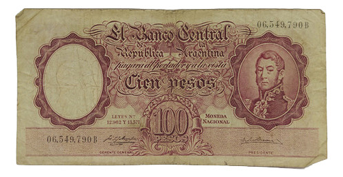 Antiguo Billete 100 Pesos Moneda Nacional Bottero 2049 (Usado)