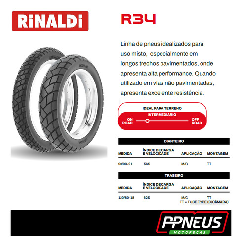 Par Pneu Xre 300 Xtz 250 90/90-21 + 120/80-18 R34 Rinaldi