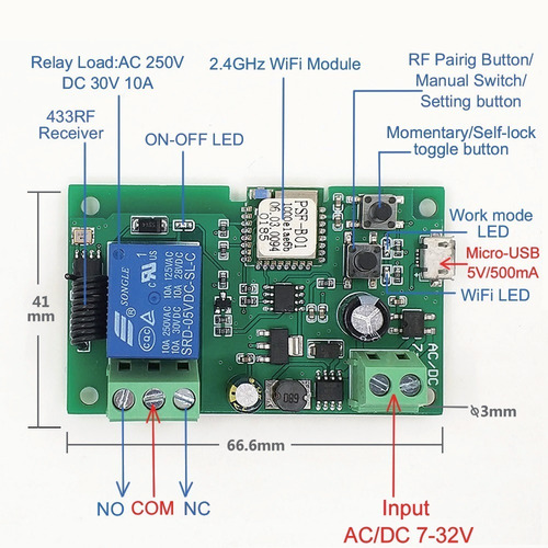 Imagen 3 de 7 de Smart Rele Wifi+rf Ewelink 1 Canal Na/nc 5vdc / 7-32v Ac/dc