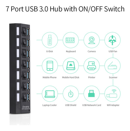 Divisor De Hub Usb 3.0 De 7 Puertos Con Interruptor Para Pc