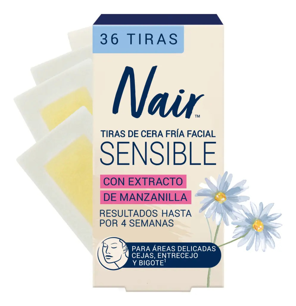 Nair Tiras de Cera Fría Facial Sensible 36 piezas con Extracto de Manzanilla Piel Suave y Tersa hasta por 4 Semanas