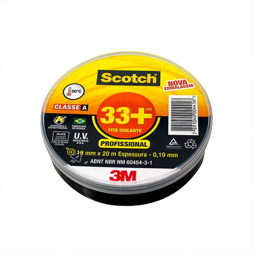Fita Isolante 3m Scotch 33+ 20 Metros Profissional Scotch Cor Preto