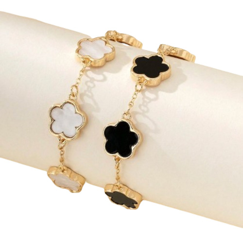 Set 2 Pulseras Trébol De 5 Hojas Clásico De Moda De Shein Negro Y Blanco 16.5 Cm