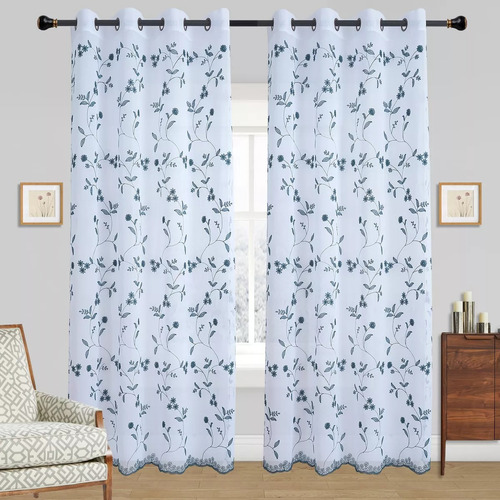 Set Visillo De Lino Bordado 140*220cm Color L. Azul Petroleo