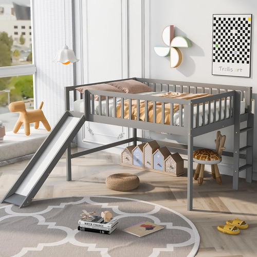 Cama Baja De Tamaño Matrimonial Con Escalera Y Tobogán Gris Low Loft Bed