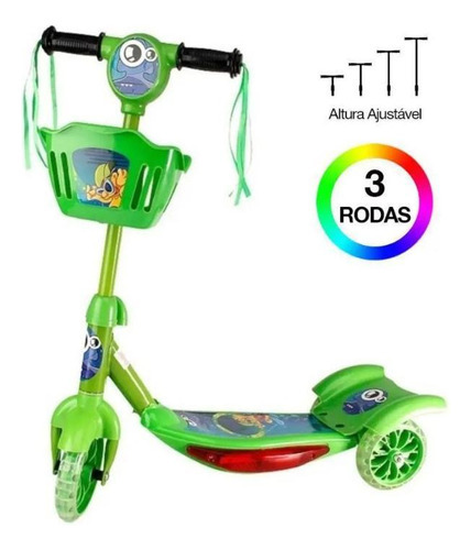 Patinete Com Cesta Infantil Luz E Música Roda Dupla - Verde