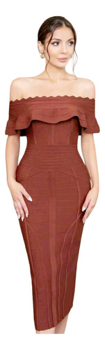 Vestido Bandage Café Ladrillo Hombro Descubierto Sexy Elegan