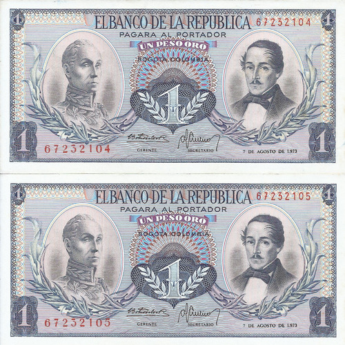 Colombia Dúo  Números Consecutivos, 1 Peso 7 Agosto 1973