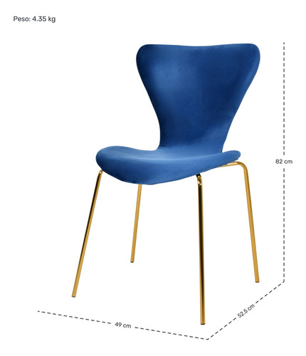 Juego Set 4 Sillas Terciopelo Comedor Tapizada Minimalista Estructura de la silla Dorado Asiento Azul marino