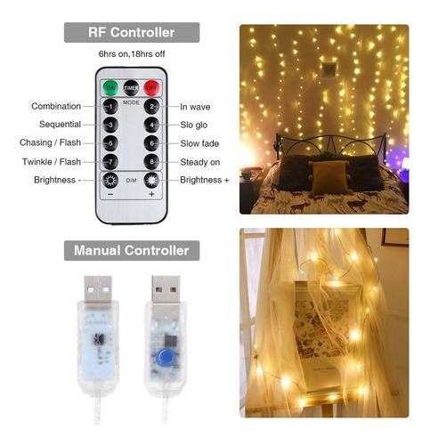 Cortina De Luces Led Usb 3x3m Decoración Blanco Cálido 8modo