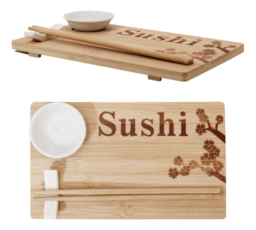 Set De Sushi Tabla Bamboo Platitos Porta Palitos 4 Piezas